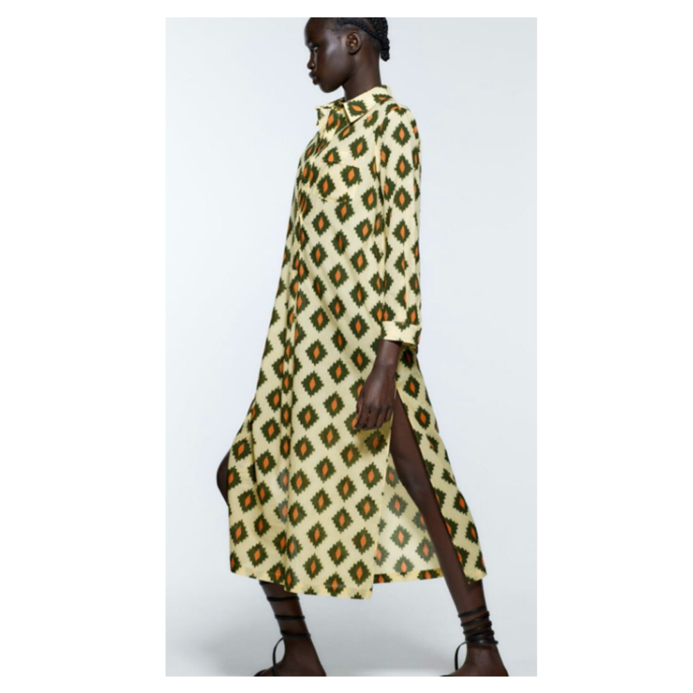 ZARA Women's Aztec Printed Light Weight Cotton Tunic Midi Dress Sz Large